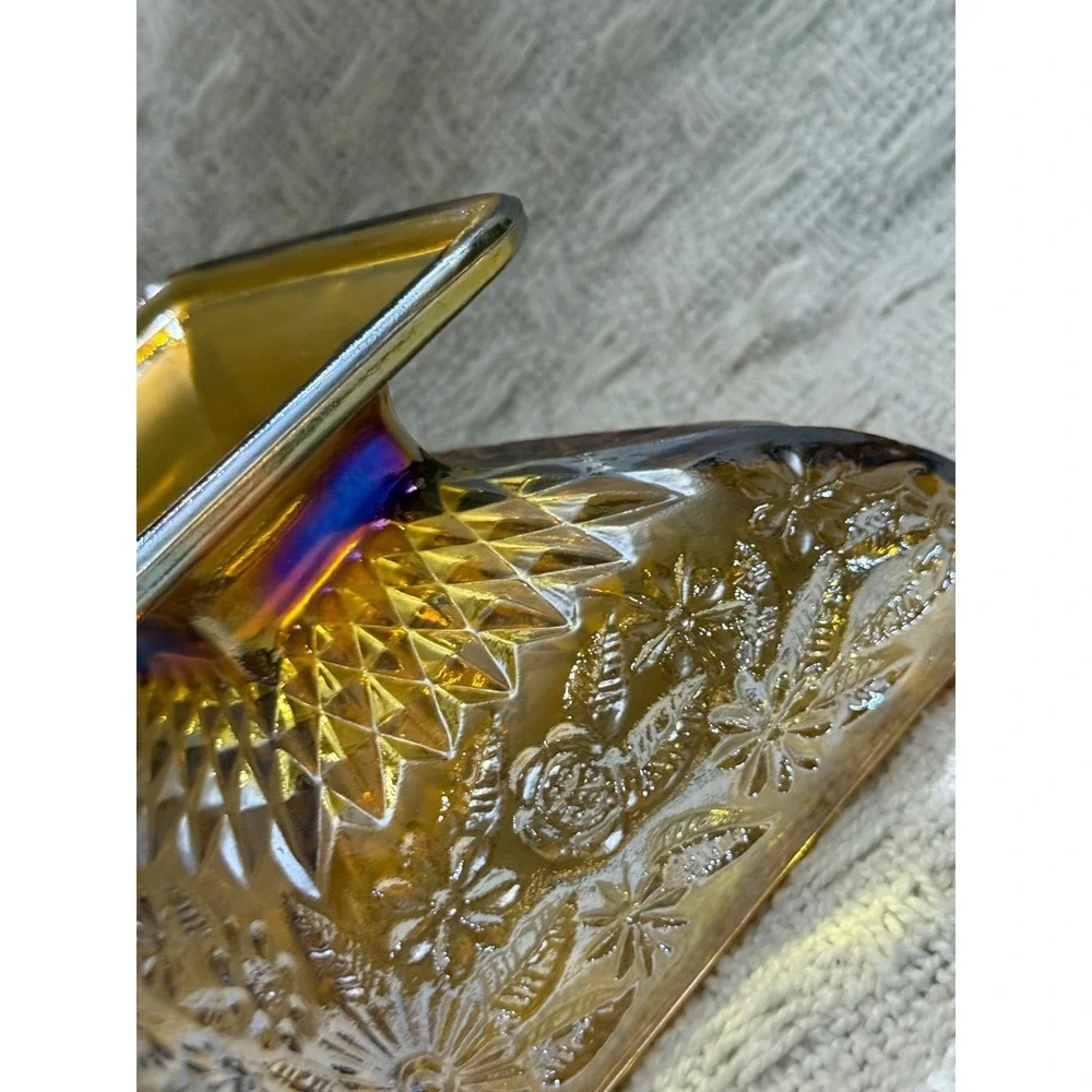 Vintage amber Marigold Carnival Glass  Footed Candy Dish 3x6.5in
